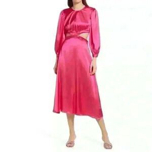 Rahi Cierra Dress Women's small  Fuchsia Satin Midi Cutout Balloon Sleeve new